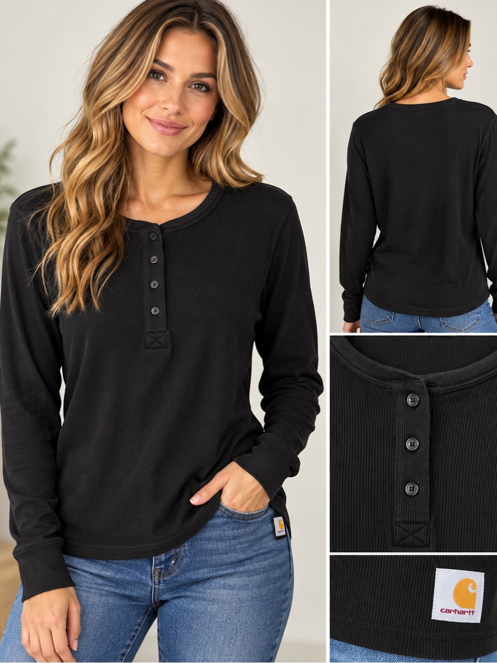 Carhartt Women’s Black Ribbed Henley Long Sleeve Relaxed Fit Shirt L